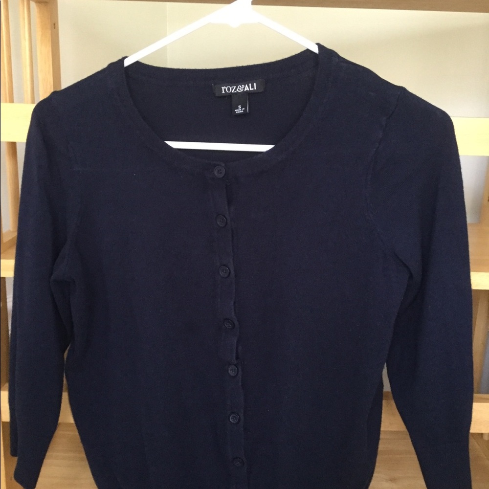 Navy blue Roz & Ali Cardigan, 3/4 sleeve